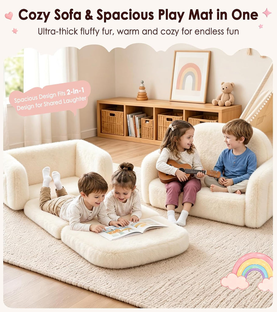 In-1 Kids Plush Kids Couch, Extra Wide Toddler Couch with Bonus Blanket - Ultra-Thick Faux Fur Convertible Sofa