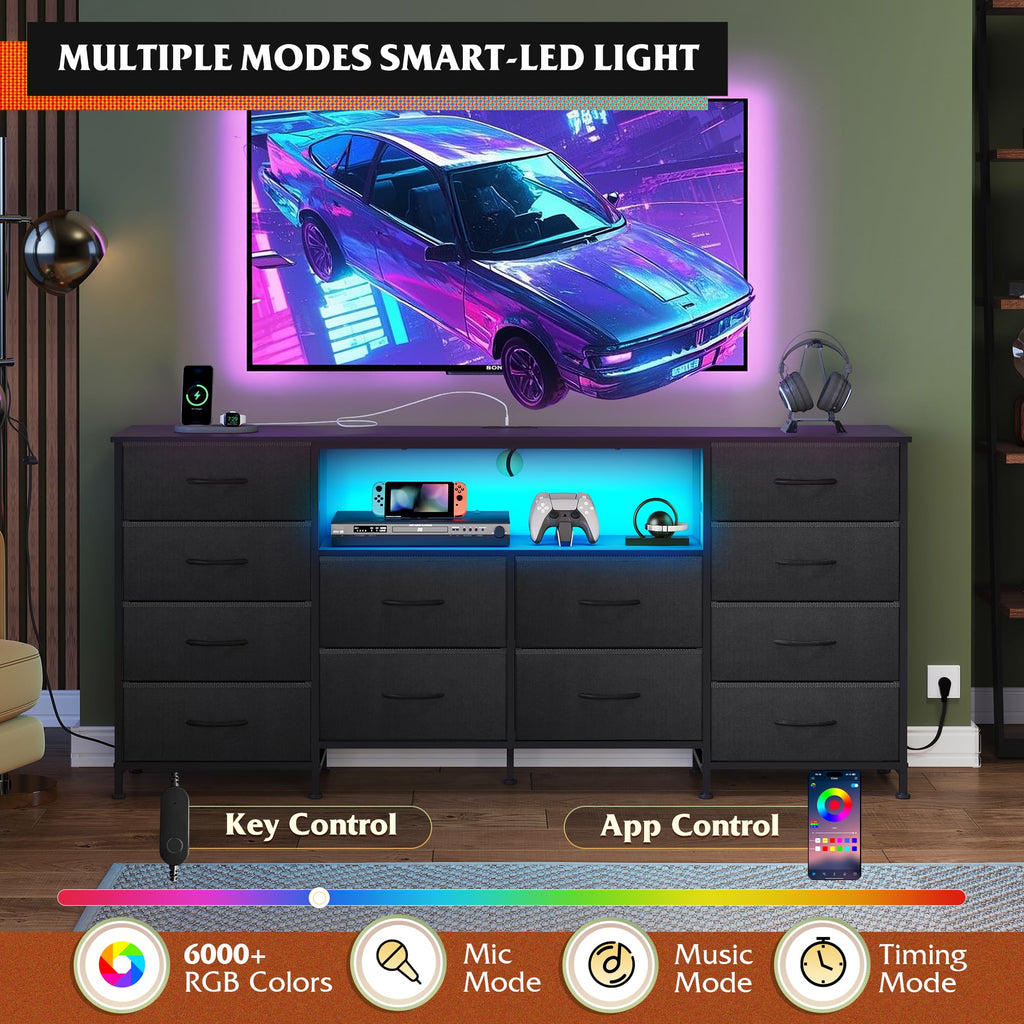 LED Fabric Dresser TV Stand for 75 Inch TV, 12 Drawers, Black Dresser