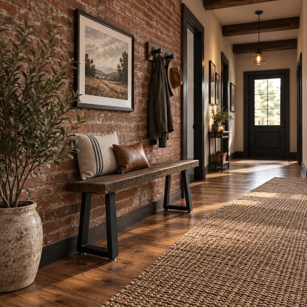 Rustic Revival Reclaimed Barnwood Bench, Solid Wood with Metal Base, Modern Farmhouse Style, 2-Inch Thick Top, (30x12)