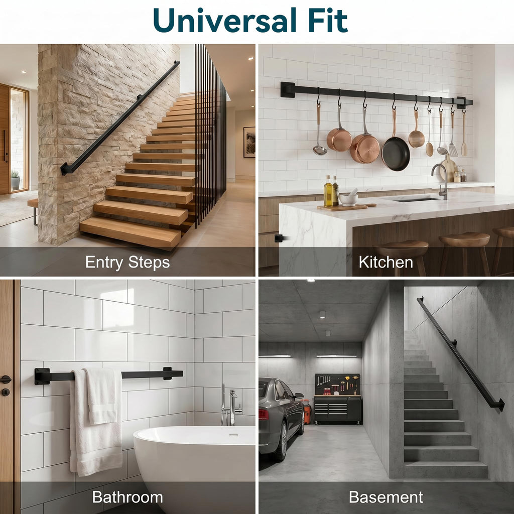 14FT Stair Railing Indoor Wall Mount, 500lb Black Handrail