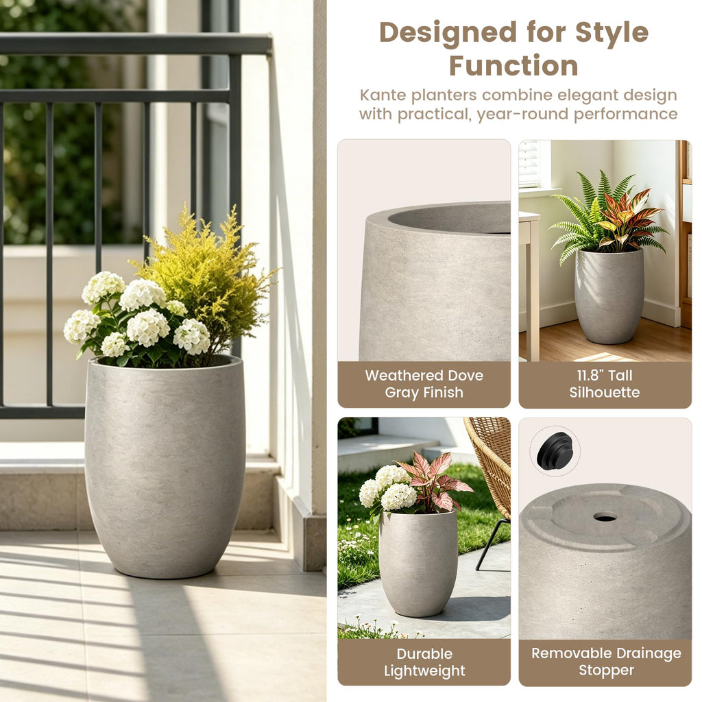 11.8" Tall Round Concrete Planter, Modern Curved Design Plant Pot