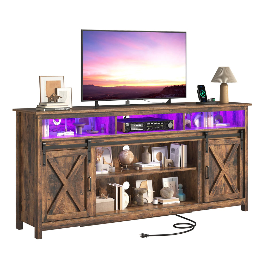 Farmhouse TV Stand for 80/75 Inch TV with Power Outlet, Entertainment Center with Storage and Sliding Barn Doors