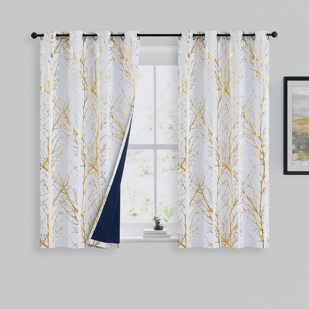 100% Blackout Grey Gold Foil Tree Curtains 2 Panels