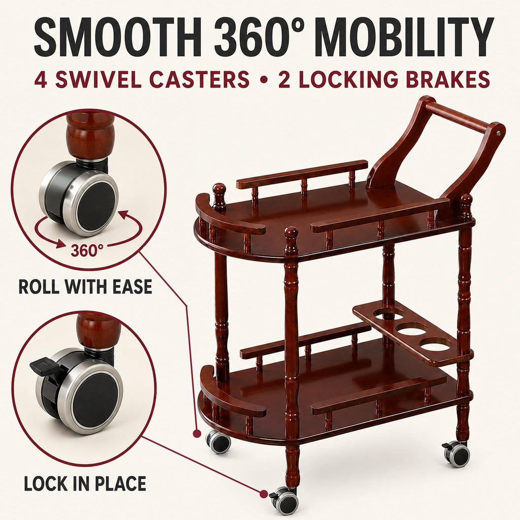 Entertainment Kitchen Cart, Midcentury Modern Imported rubberwood Brown Finished Wood 2-Tier Mobile Bar Cart Serving