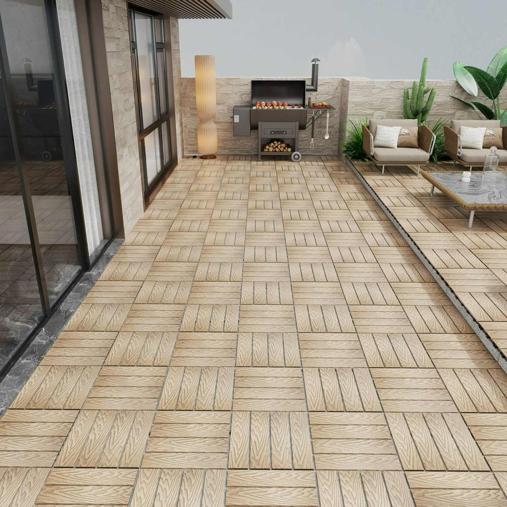 WPC Interlocking Deck Tiles 11.8" x 11.8" - Pack of 11 Wood-Plastic Composite Patio Flooring Tiles - Weather Resistant