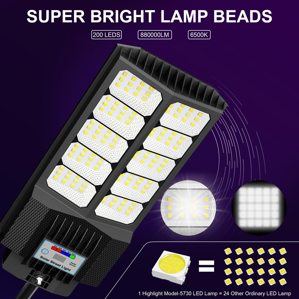 Solar Street Light with Pole Mount, Dusk-to-Dawn Outdoor LED, 300000 LM, 7000K IP67 Waterproof, Adjustable Modes, for