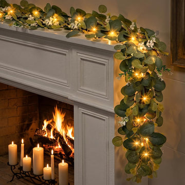6Ft Lighted Eucalyptus Garland with 30 LED Lights String, Battery Operated Olive Leaf Greenery Garland for Table - Set of 6