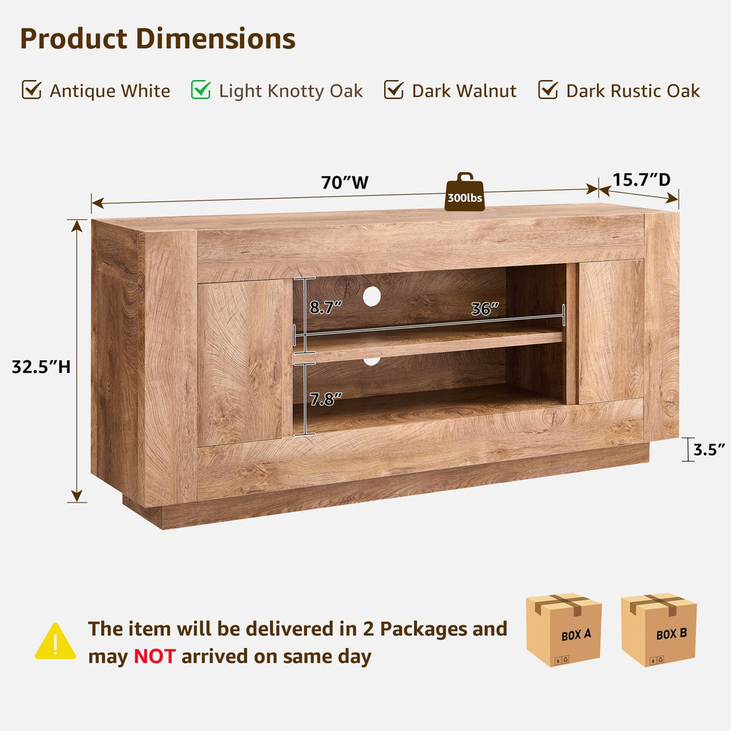 Modern 70" TV Stand for 80" TV, Thick Block Media Console, Light Oak