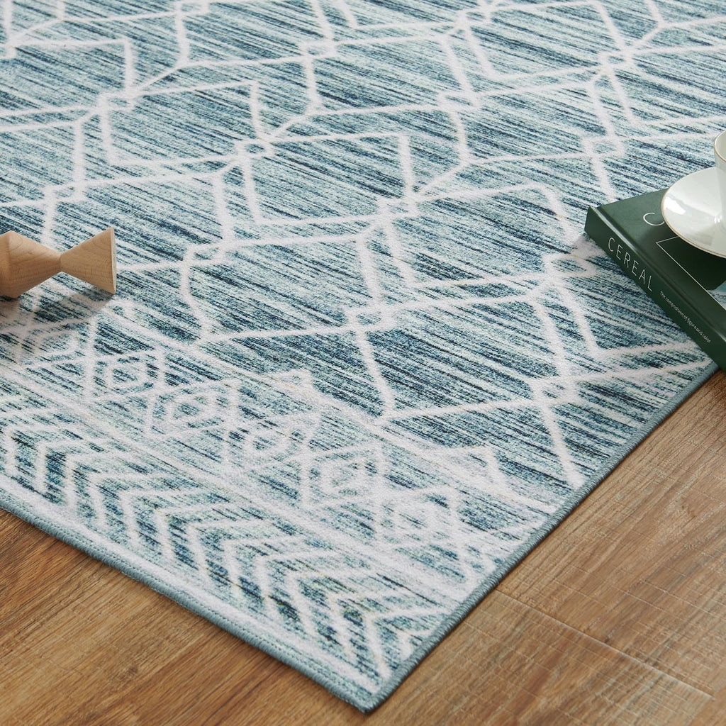 2x6 Runner Moroccan Geometric Washable Area Rug, Teal Blue