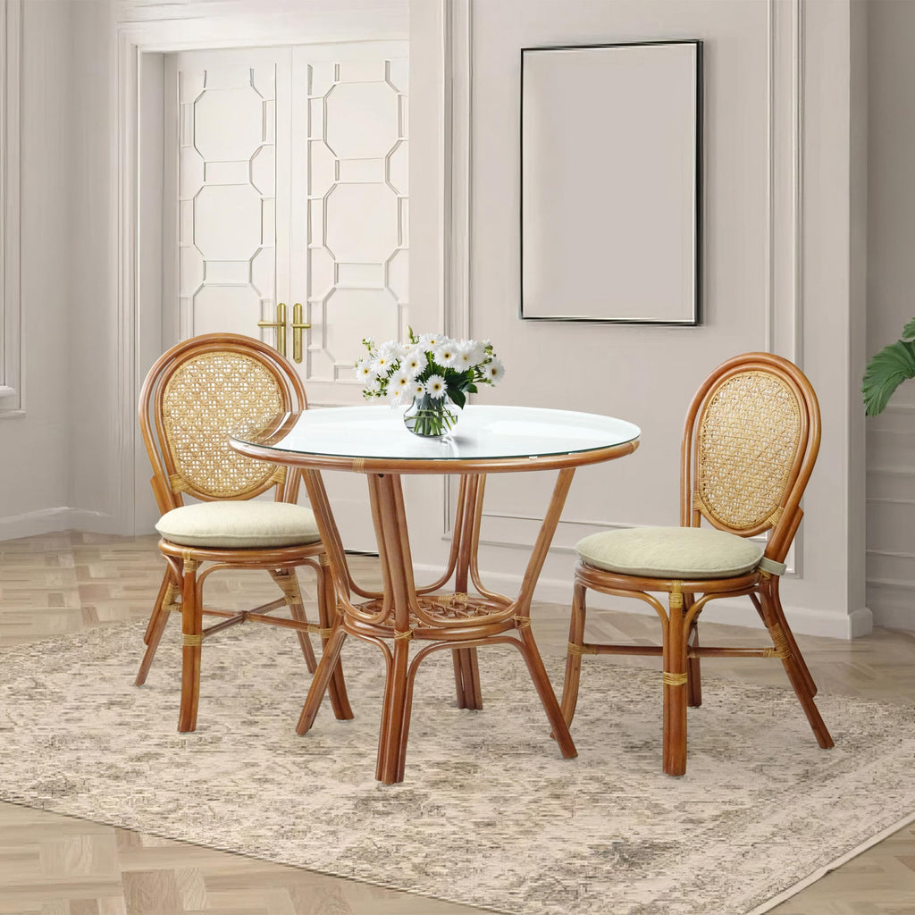 Denver Rattan Wicker Round Dining Table with Glass Top, Colonial Color
