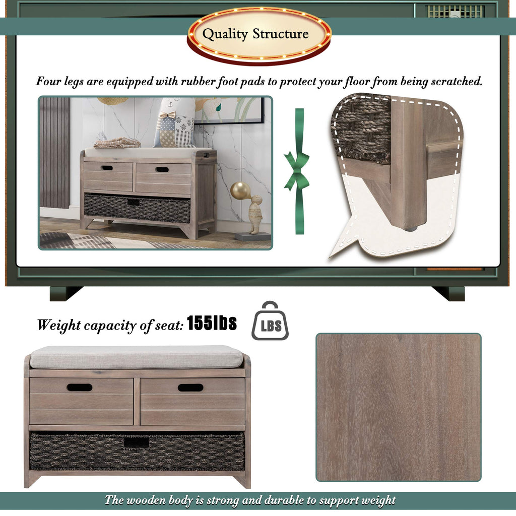 Farmhouse Storage Bench with 2 Drawers, Removable Cushion and Wicker Basket, Bedroom Living Room Bench for Small