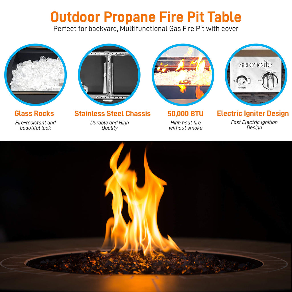 Outdoor Gas Fire Pit Table, 50, 000 BTU Propane Burner, Auto Ignition, Tempered Glass Wind Guard, Stainless Steel
