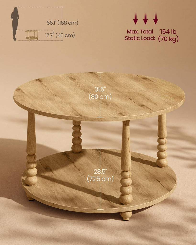 2-Tier Round Coffee Table with Storage, Solid Wood Legs