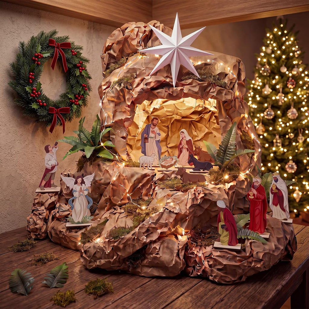 Nativity Scene Wall Decor Kit, 13 Wooden Figures with LED Lights