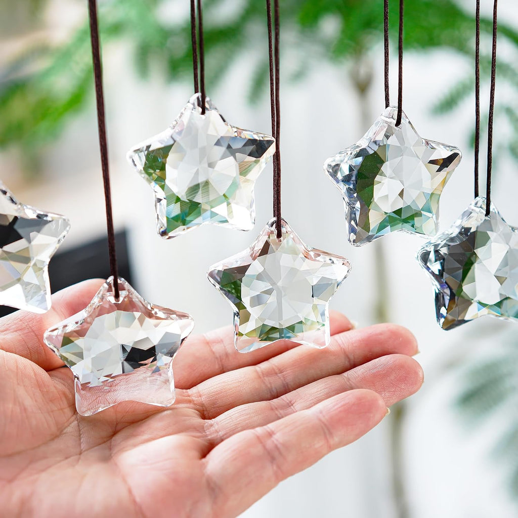 Clear Crystal Star Ornaments Faceted Christmas Hanging Decor - Set of 6