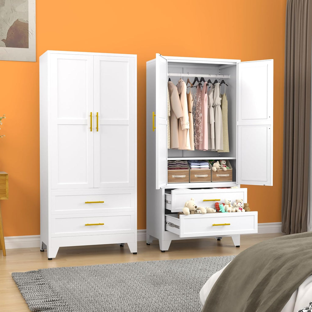 Metal Armoire Wardrobe Closet, 71 "Metal Clothing Storage Cabinet | with Adjustable Shelves and Hanging Rod