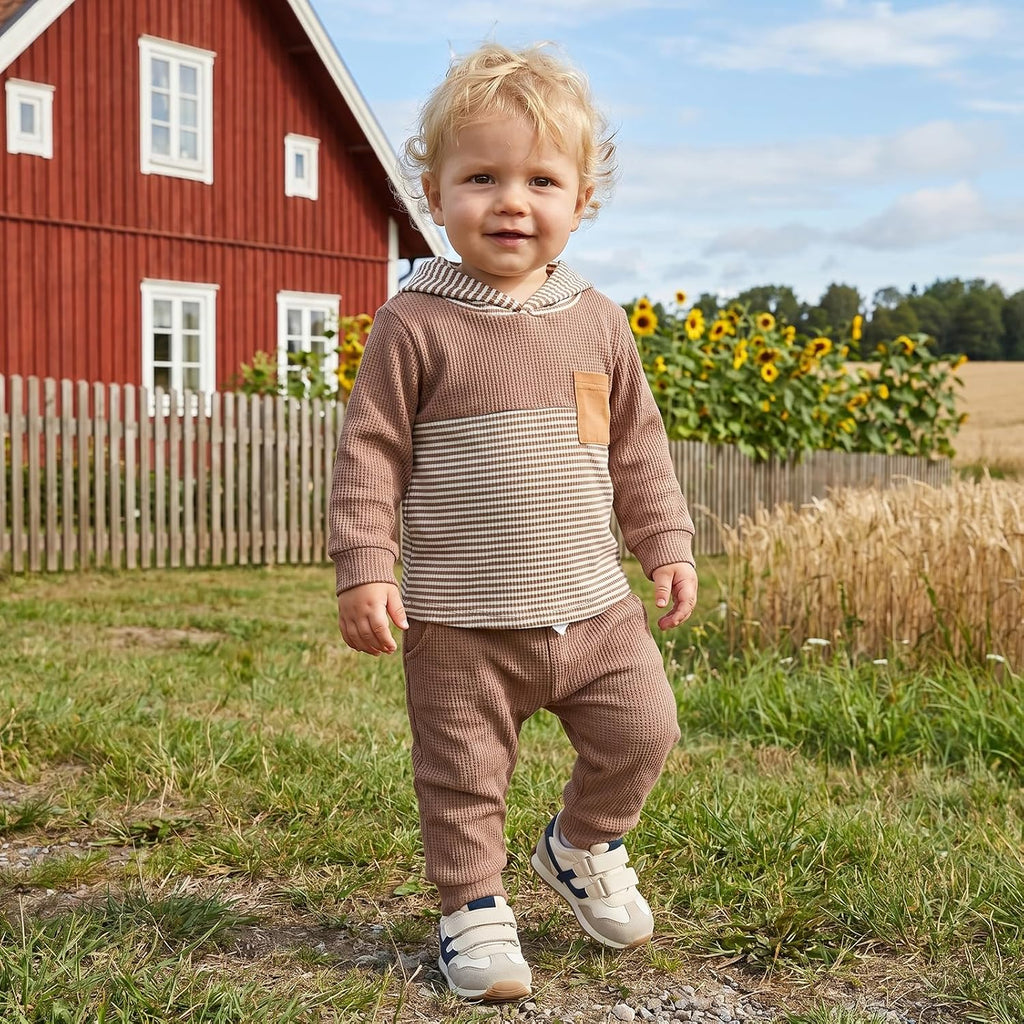 Toddler Baby Boy Fall Outfit Set Contrast Color Stripe Long Sleeve Hoodie Hooded Jogger Pants Infant Waffle Clothes