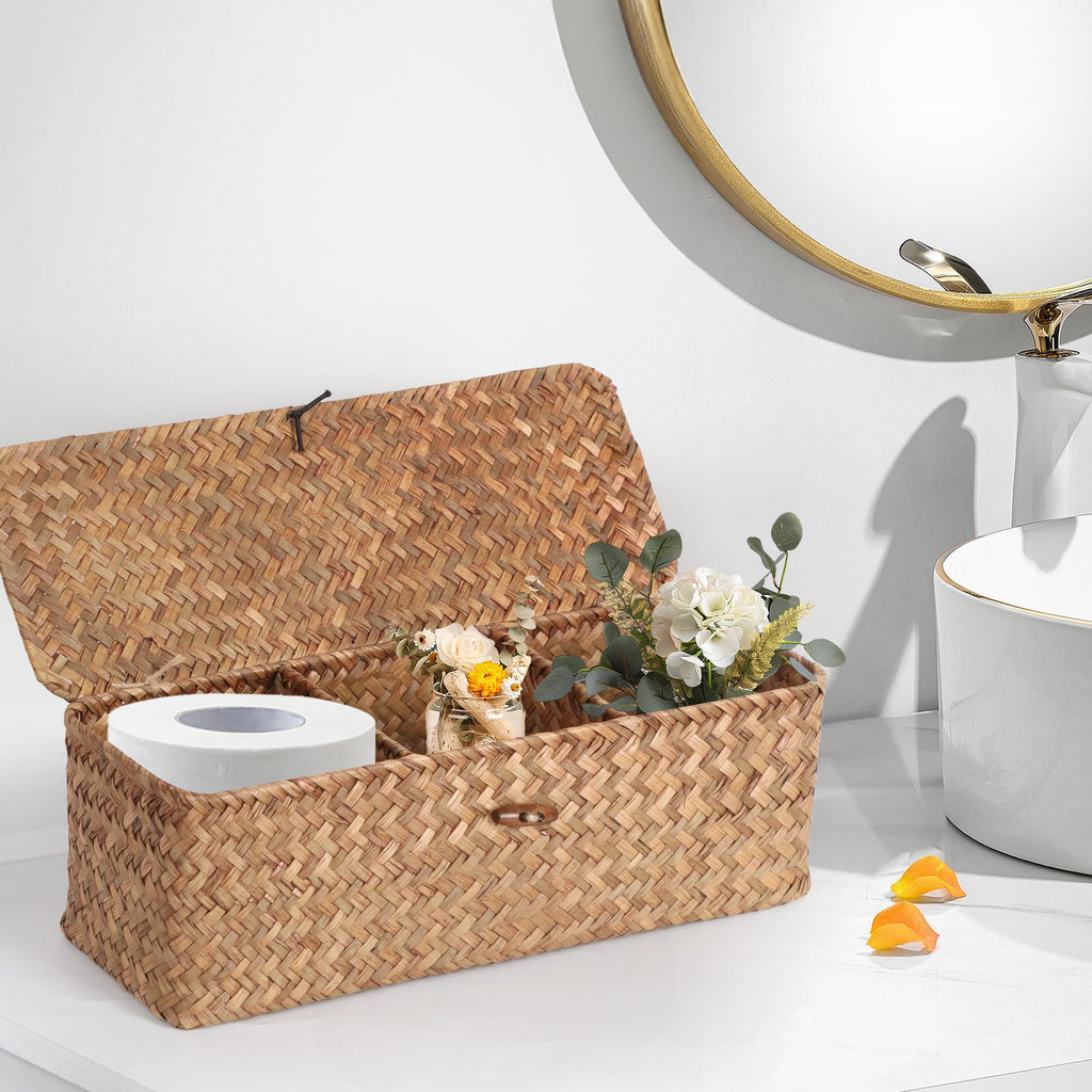 Wicker Shelf Baskets with Lid, Seagrass Storage Basket with Dividers Rectangular Woven Back of Toilet Baskets Boxes