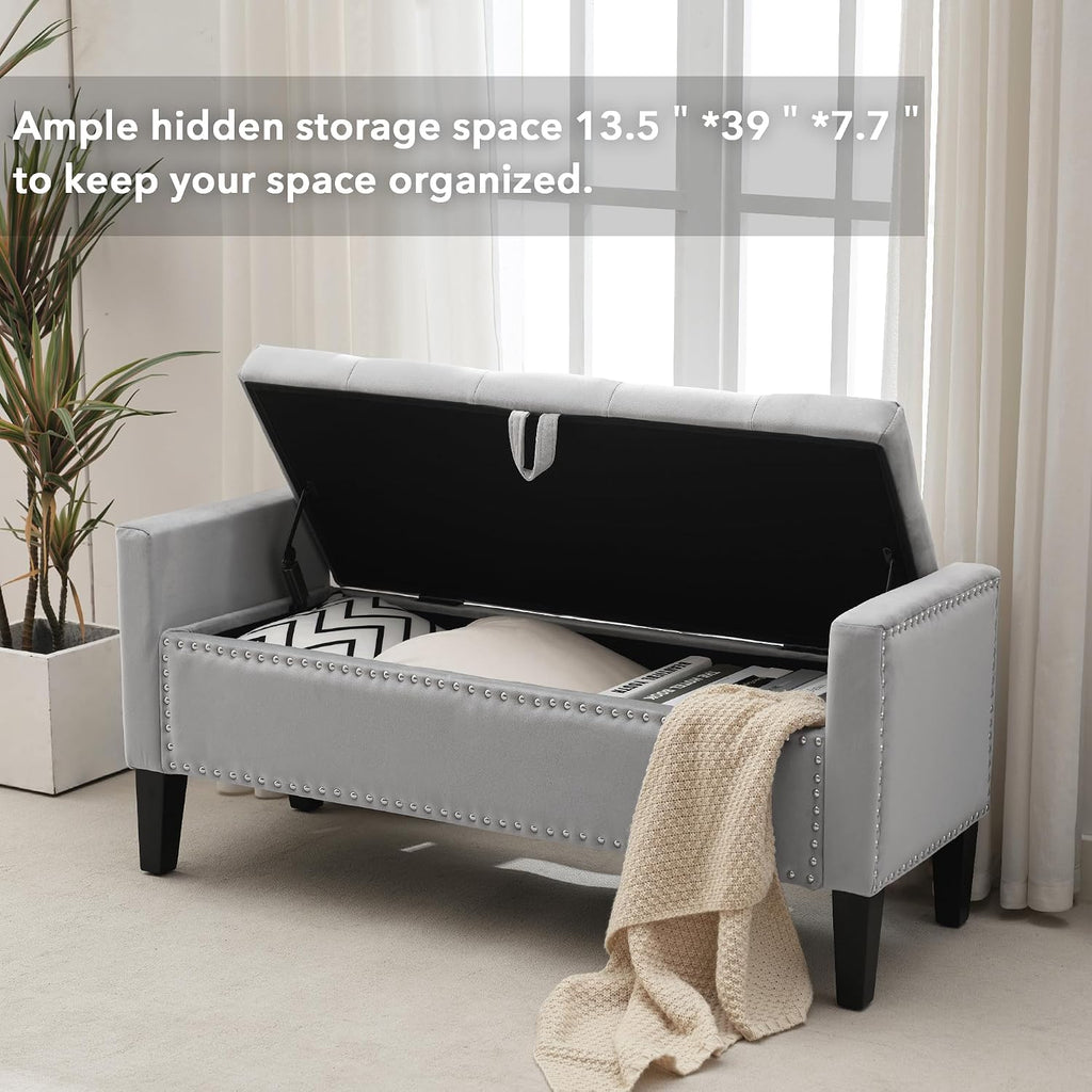 Velvet Storage Ottoman Bench, 46'' Upholstered Button Tufted End of Bed Bench, Modern Storage Bench , Grey
