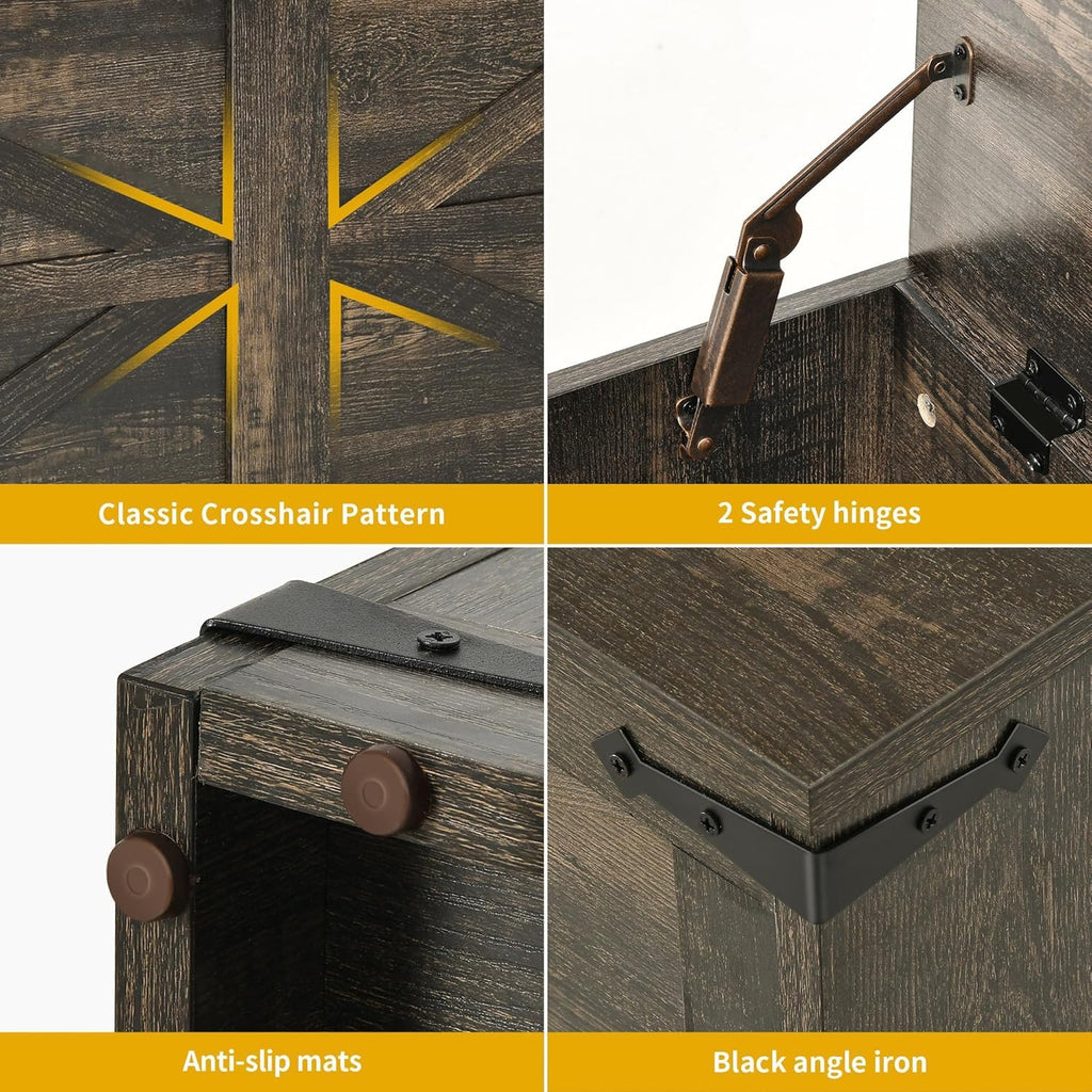 47.2" Farmhouse Storage Bench with Safety Hinges, Dark Rustic Oak