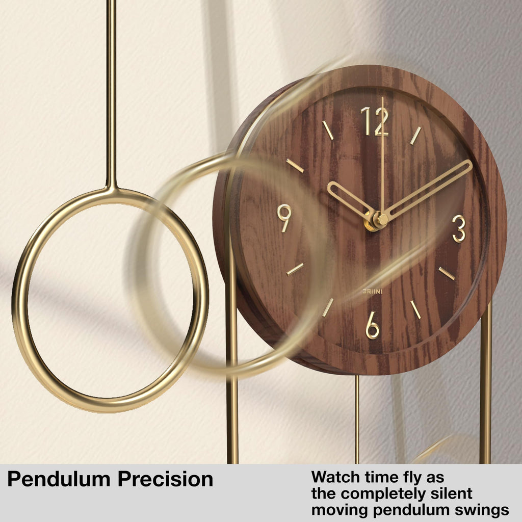 Small Unique Oval Wood Pendulum Wall Clock - Modern Walnut and Gold