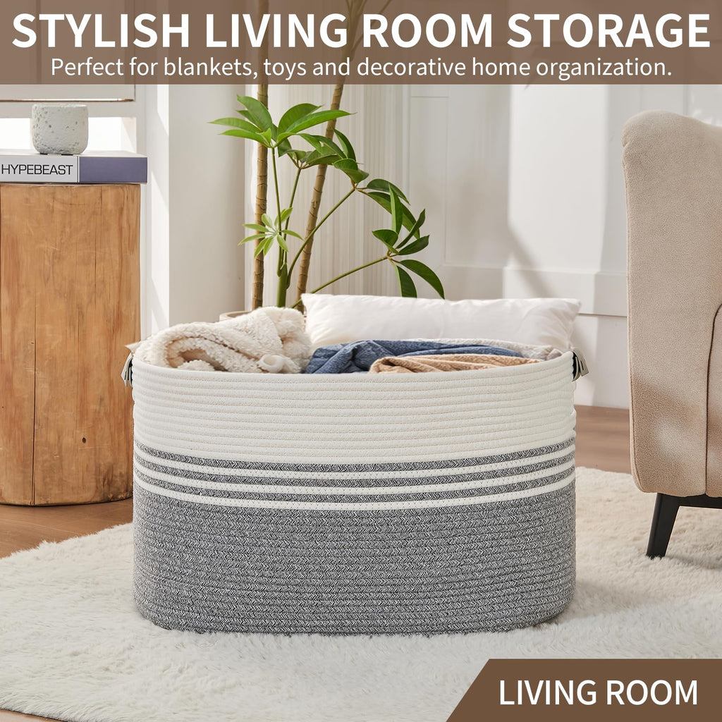 Hamper with Handles, 72L Rope Laundry Basket, Grey & White
