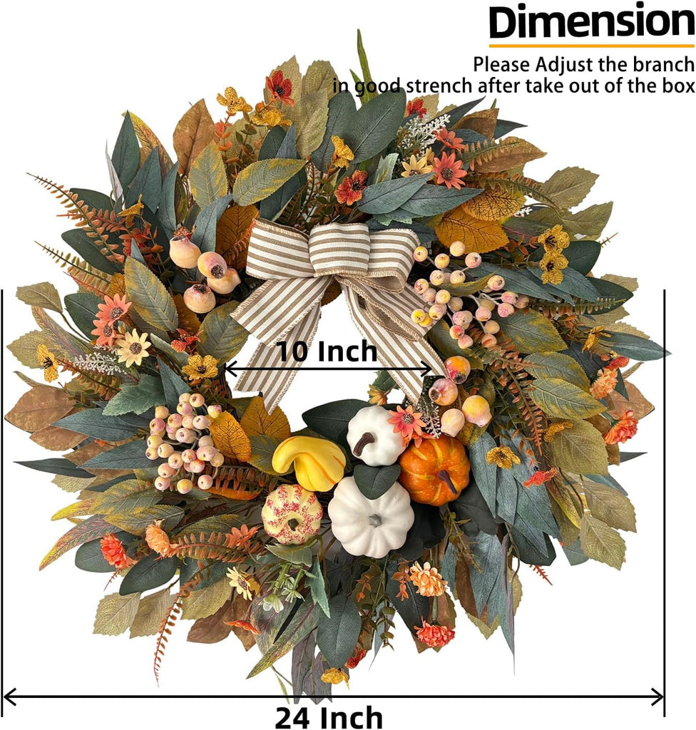 24 Inch Fall Wreath for Front Door,Pumpkin Wreath Farmhouse Decor