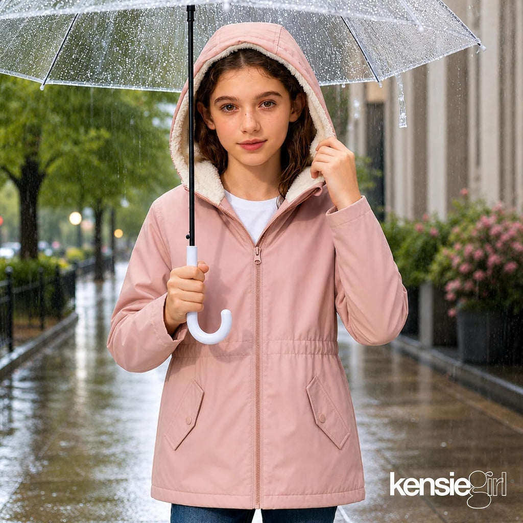Girls Rain Jacket - Sherpa Lined Hood, Warm Waterproof Coat