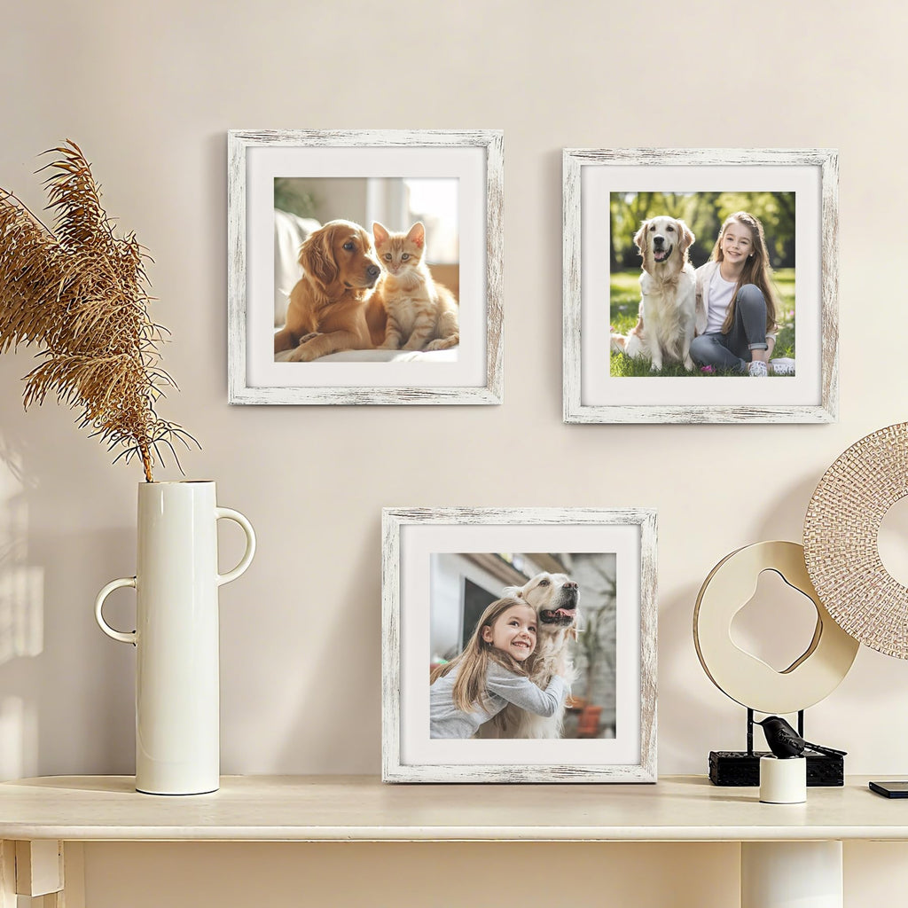 11x11 Picture Frames with 8x8 Mat Set of 2, Distressed White