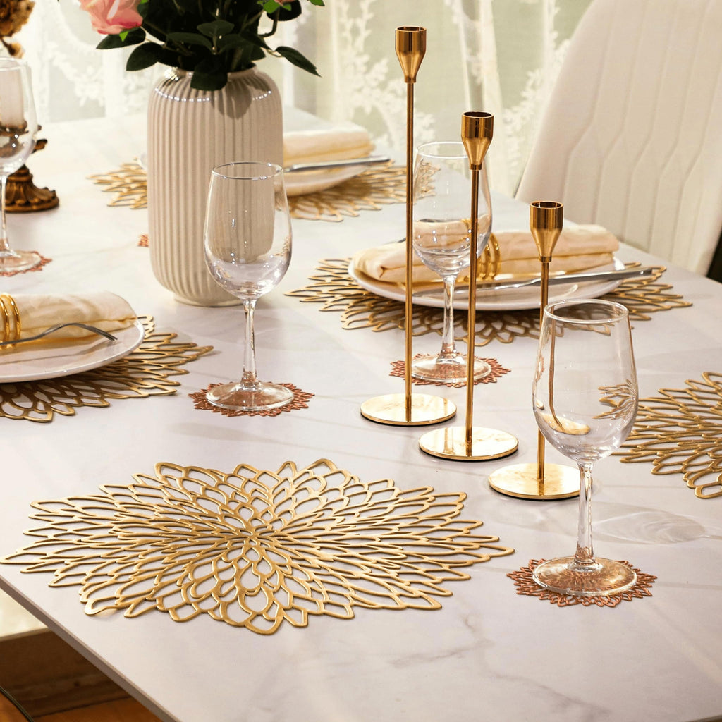 6 Pack Gold Placemats Metallic Pressed Vinyl Round Leaf Plastic Dinning Table Place Mats Fancy Decorative for Wedding