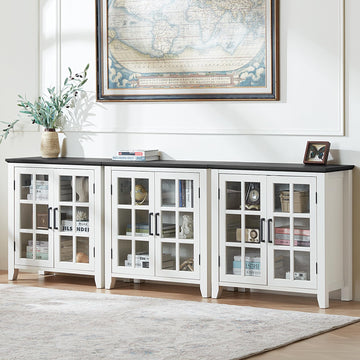 Large Sideboard Buffet Cabinet with Storage, 32" Farmhouse White Kitchen Coffee Wine Bar Cabinet with 4 Glass Doors