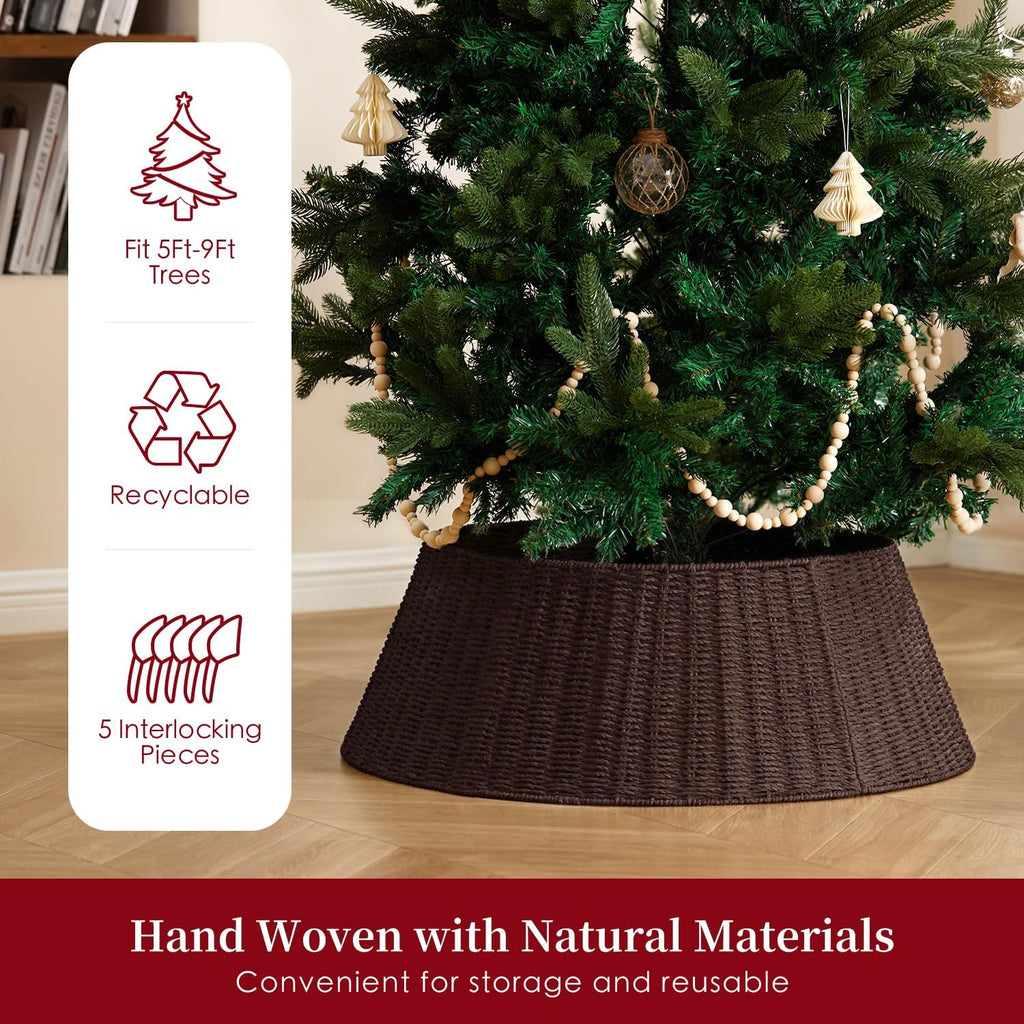 Rustic Farmhouse Christmas Tree Collar - 28Inch Woven Wicker Tree Base Stand Cover for Artificial Trees - Holiday
