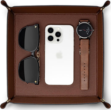 Valet Tray Organizer, Foldable PU Leather Catchall Tray, Brown