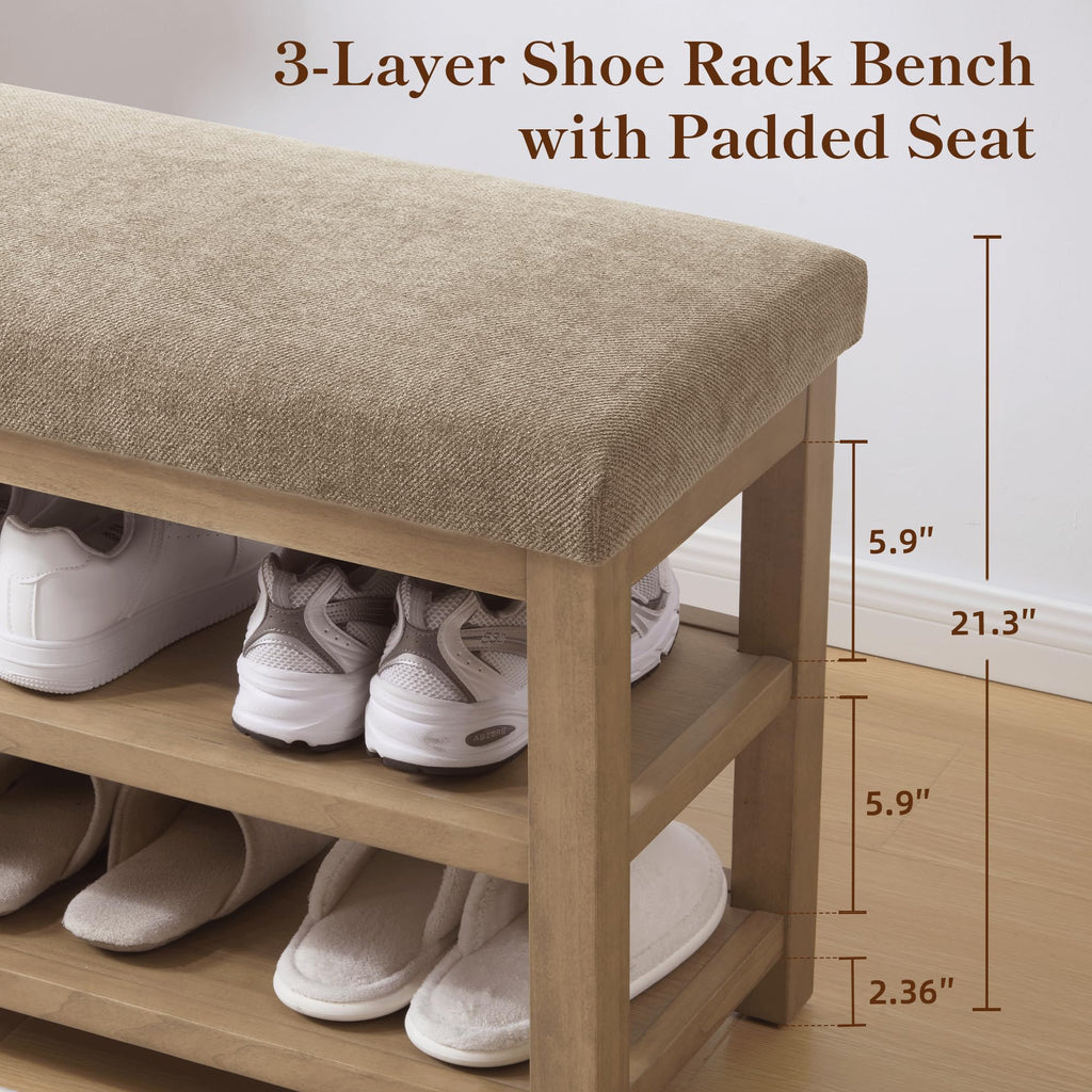 Shoe Rack Bench with Cushion, 2 Tier Solid Wood Storage Bench, Mid-Century Modern Shoe Bench, Closet, Front Door