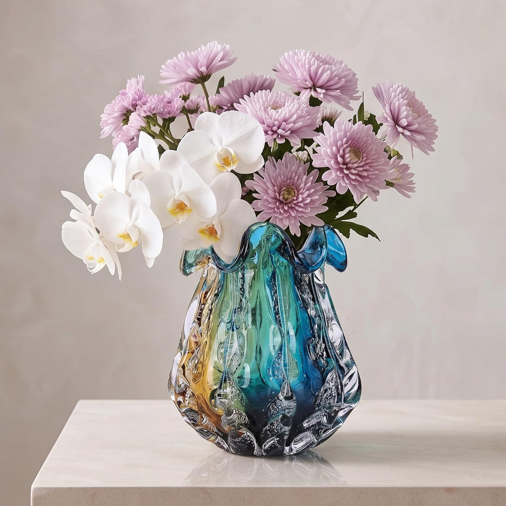 Hand Blown Glass Vase - Multi-Size Colorful Gradient Flower Vase for Centerpieces, Art Glass Home Decor & Living Room
