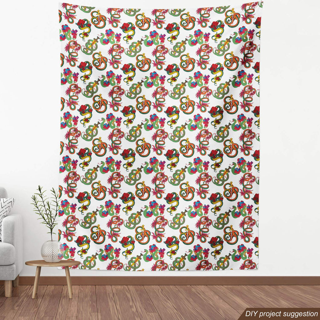 Dragon Fabric by The Yard, Colorful Traditional Reptiles Flowers and Historic Items Japanese Ornaments Pattern