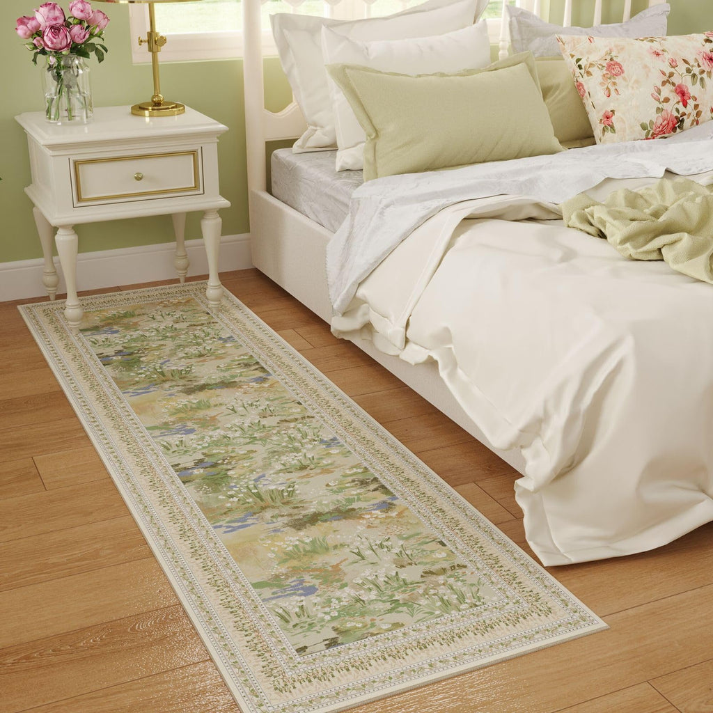 Runner Rug Washable Vintage Impressionist-Style, Beige