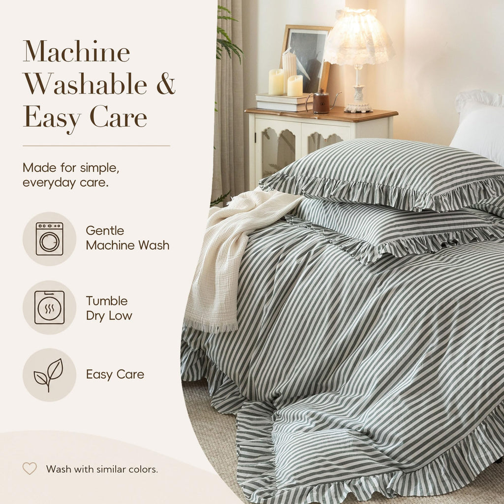 Striped Ruffle Duvet Cover Set Washed Cotton Linen Feel 3‐Pcs