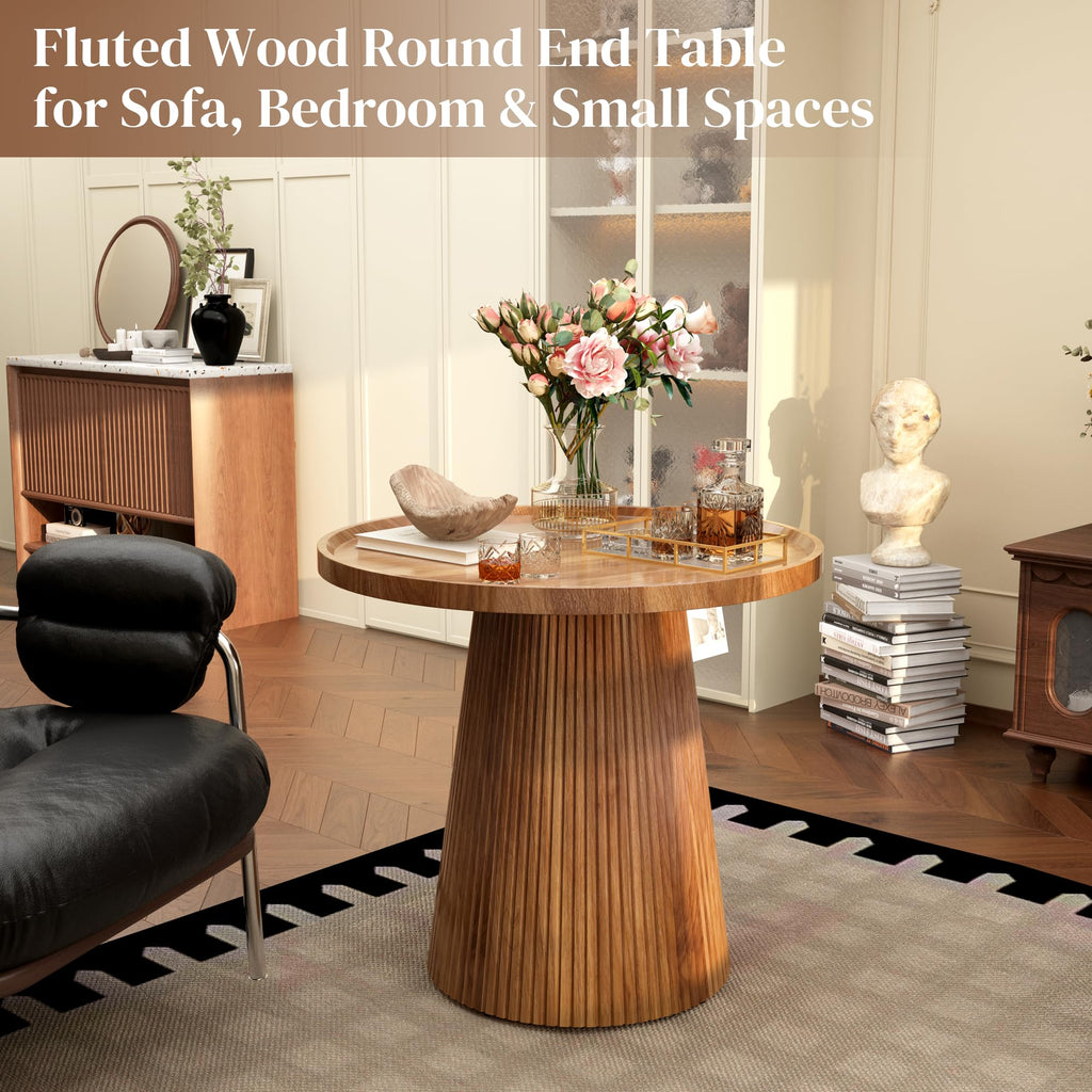 Round Side Table, 23.6'' Fluted Pedestal End Table, Walnut