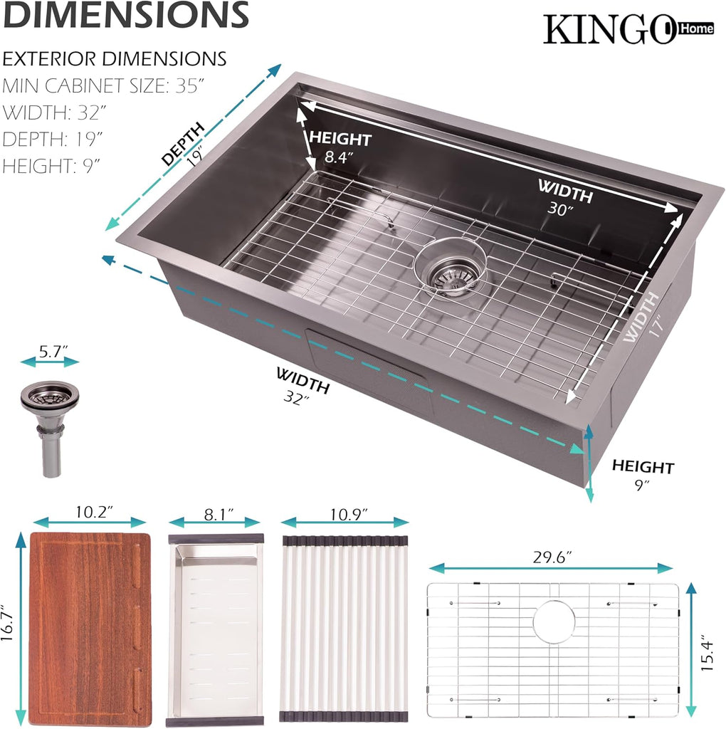 32 Inch Black Undermount Kitchen Sink, Stainless Steel Undermount Sinks Workstation Single Bowl 16 Gauge Under