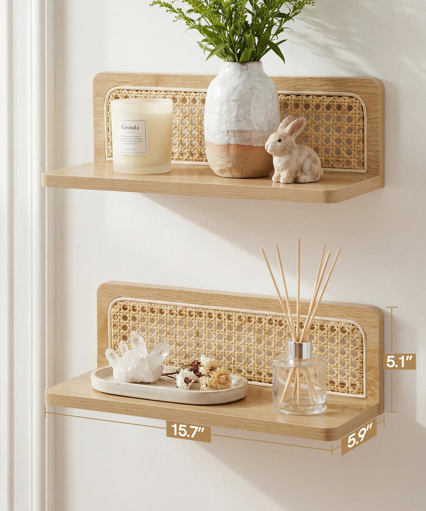 Rattan Wall Shelf, Boho Wood Floating Shelves, 16 Inch