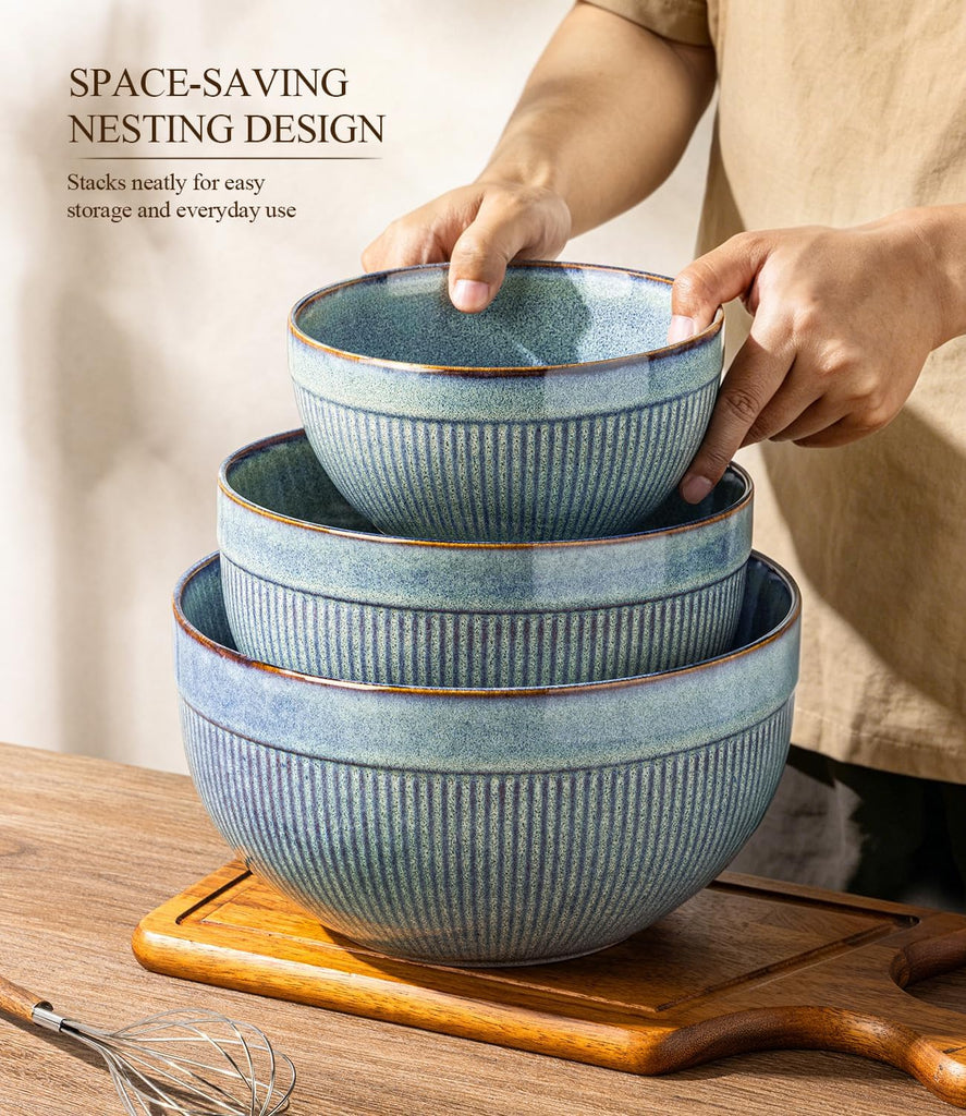 Ceramic Mixing Bowls Set of 3, Stoneware Nesting Serving Bowls, | 45/90/150 oz For Prep, Baking, Serving, Gift