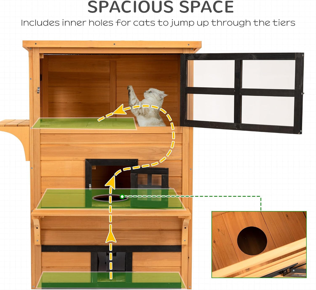3-Story Cat House Outdoor Cat Condo with Asphalt Roof Yellow