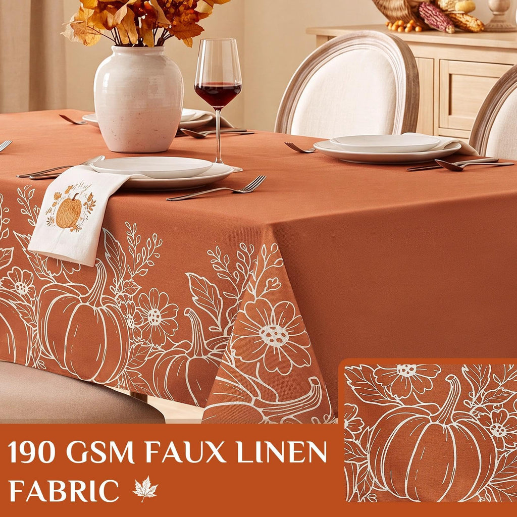 Large Fall Tablecloth Rectangle 60x104 inch, Faux Linen Autumn Table Cloths with Maple Leaves & Pumpkin, Water