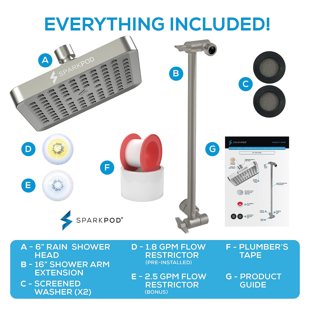Square Rain Shower Head with Extension Arm - Height Adjustable Shower Head with High Pressure Performance - Easy