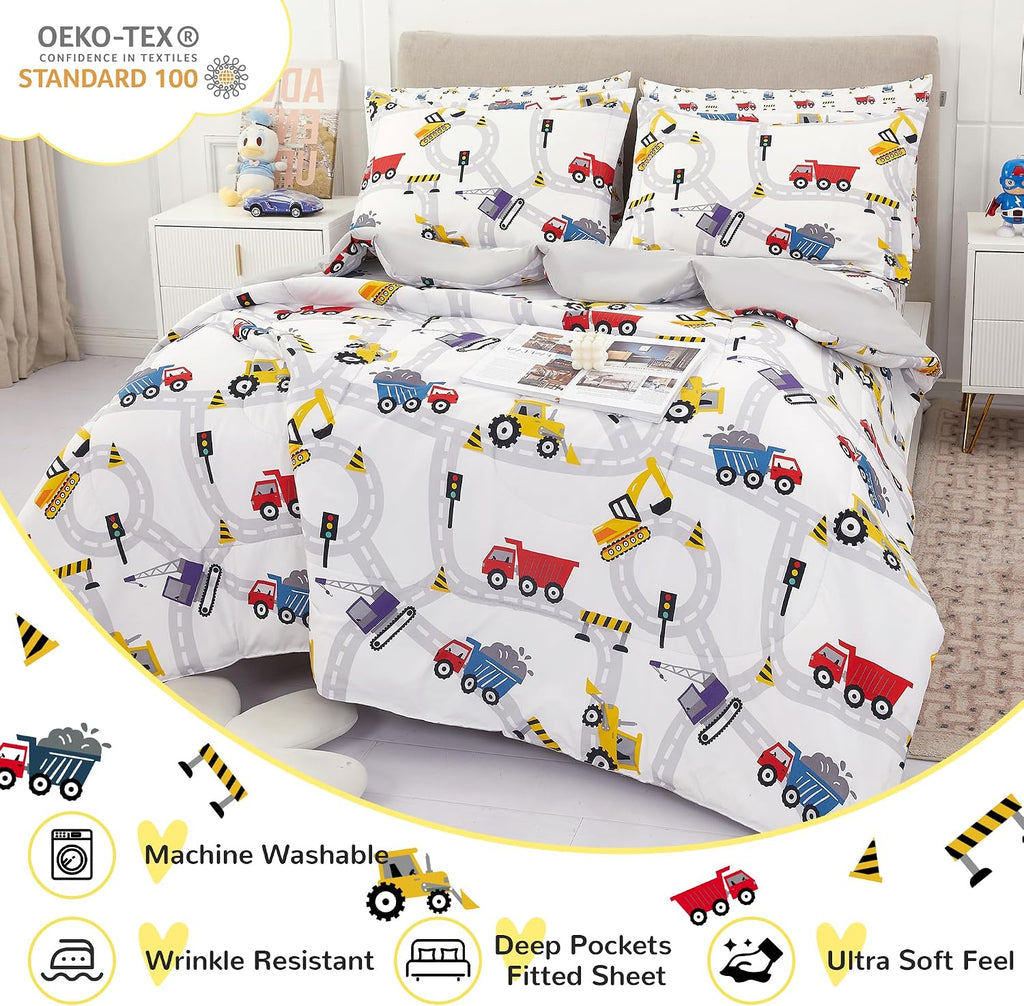 Kids Twin Bedding Sets for Boys, Girls Soft Twin Comforter Set with Sheets, 5 Pieces Microfiber Bed in a Bag, White