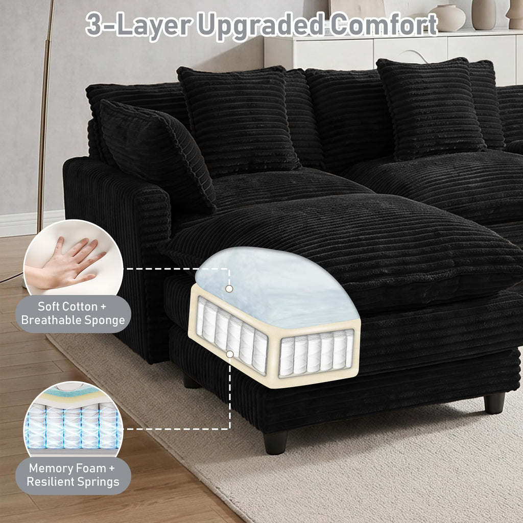 143" Oversized U-Shaped Cloud Sectional Sofa, Black