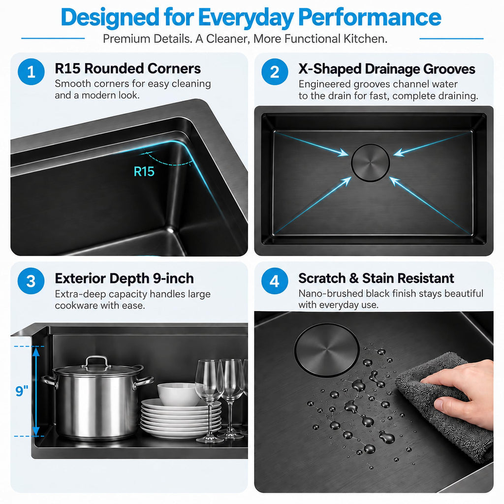 Black Undermount Kitchen Sink, 27 inch Workstation Kitchen Sink