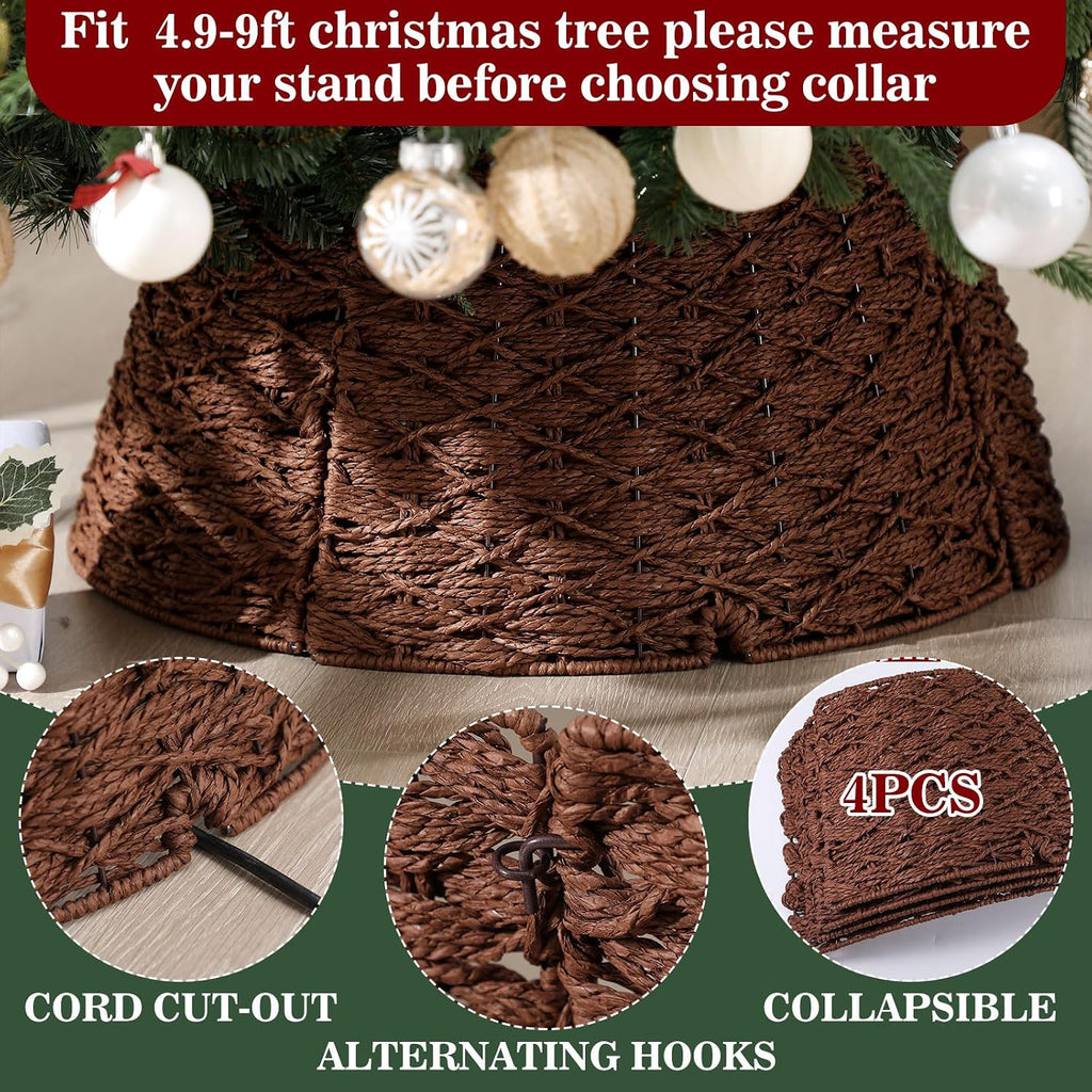 Woven Rattan Christmas Tree Collar, Neutral Wicker Tree Skirt, Rustic Farmhouse Christmas Stand Base Cover Decor