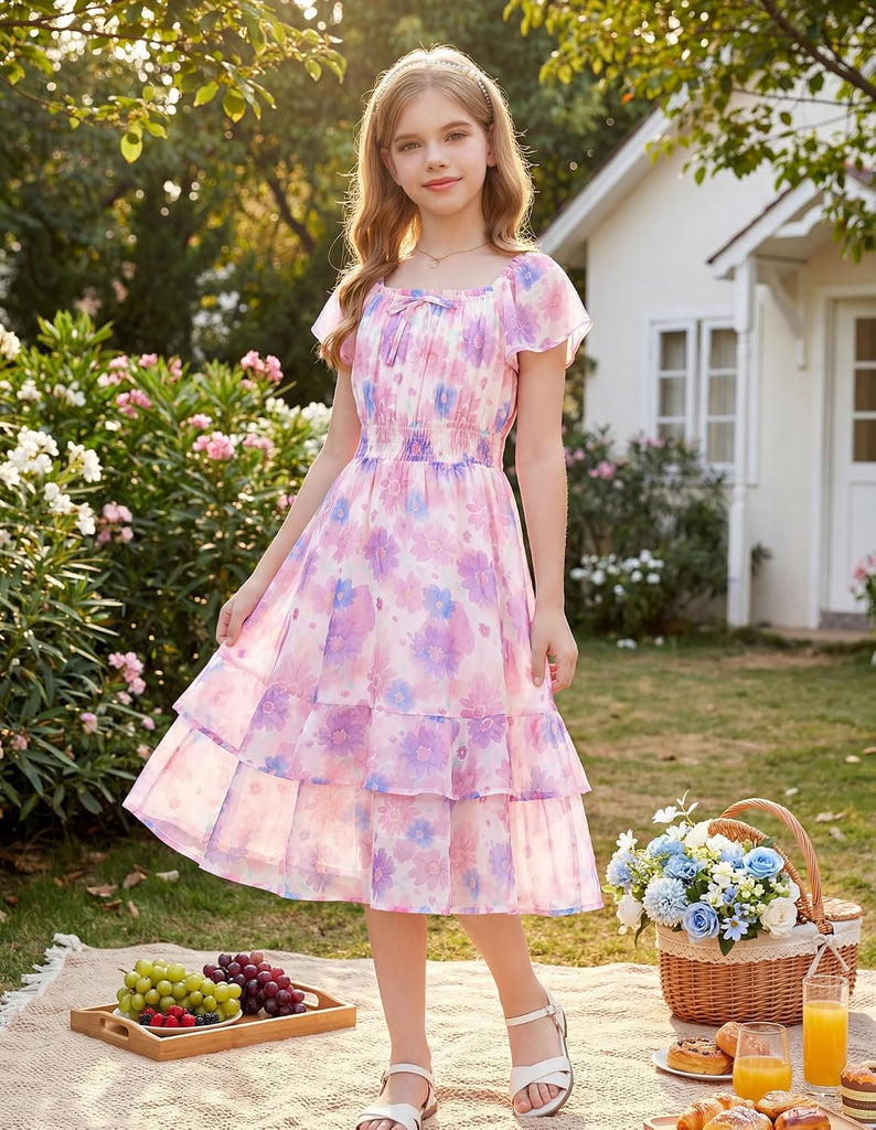 Girls Floral Summer Dress Flutter Sleeve Square Neck Midi Casual Dress for Girl